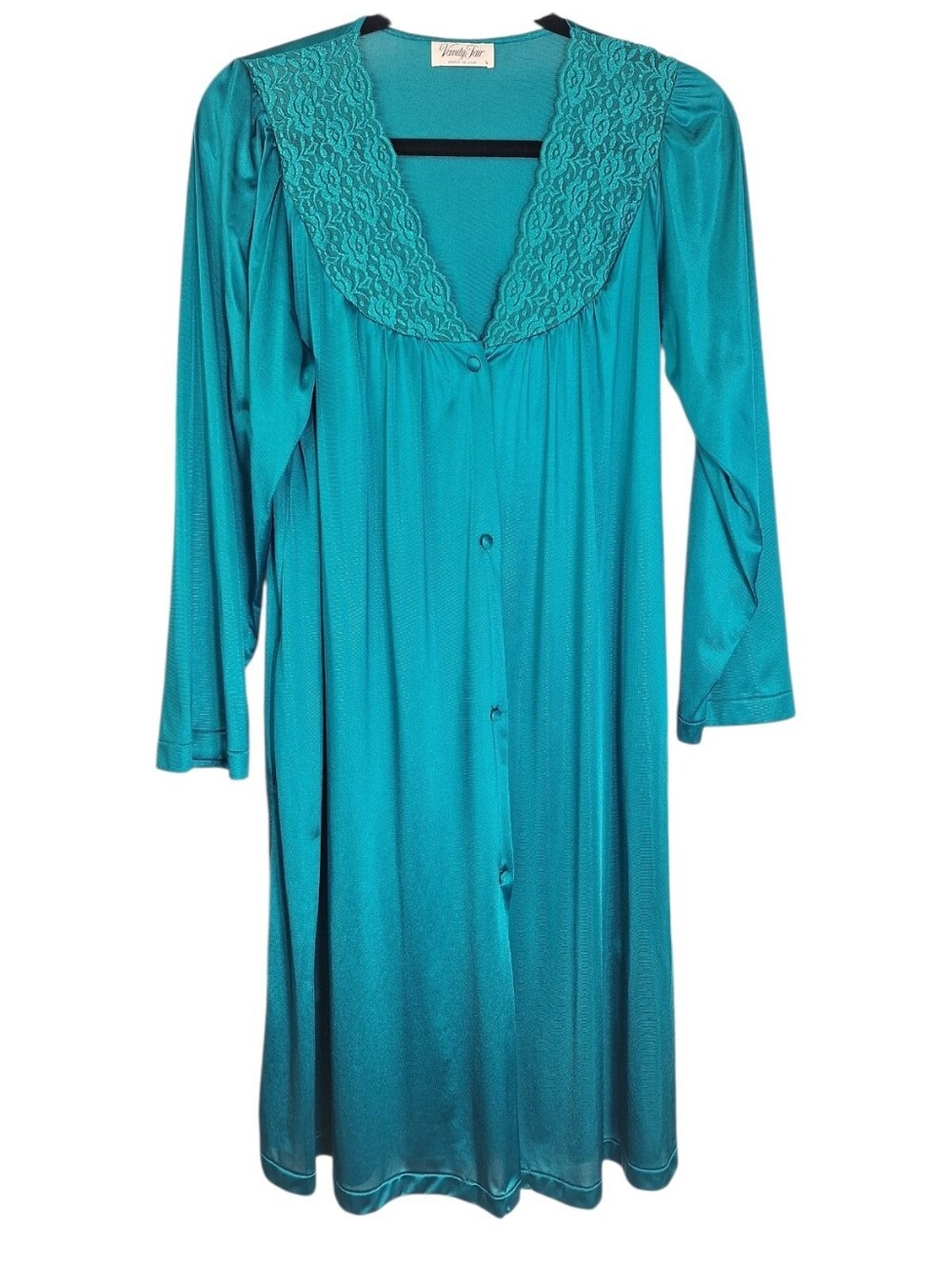 Vintage 80s Vanity Fair Nylon Button Up Nightgown House Dress S Pockets Teal